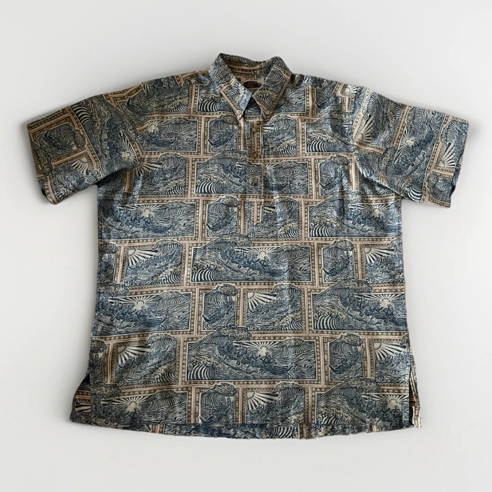 VTG Reyn Spooner Ikaika Warriors & Waves Reverse Block Print Hawaiian Shirt XL